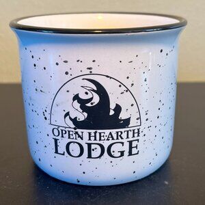 OPEN HEARTH LODGE Logo White Stoneware Camping Style Mug with Black Speckles